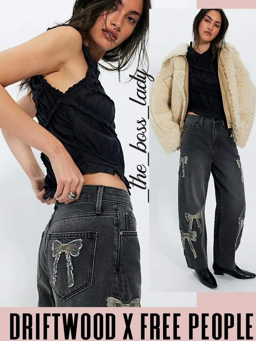 Driftwood barrel jeans relaxed wide-leg pants patchwork embroidered boho 26